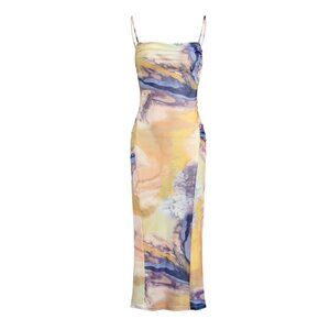 COMMENSE Granite Tie Dye Mesh Ruched Midi Dress Watercolor Abstract Pattern